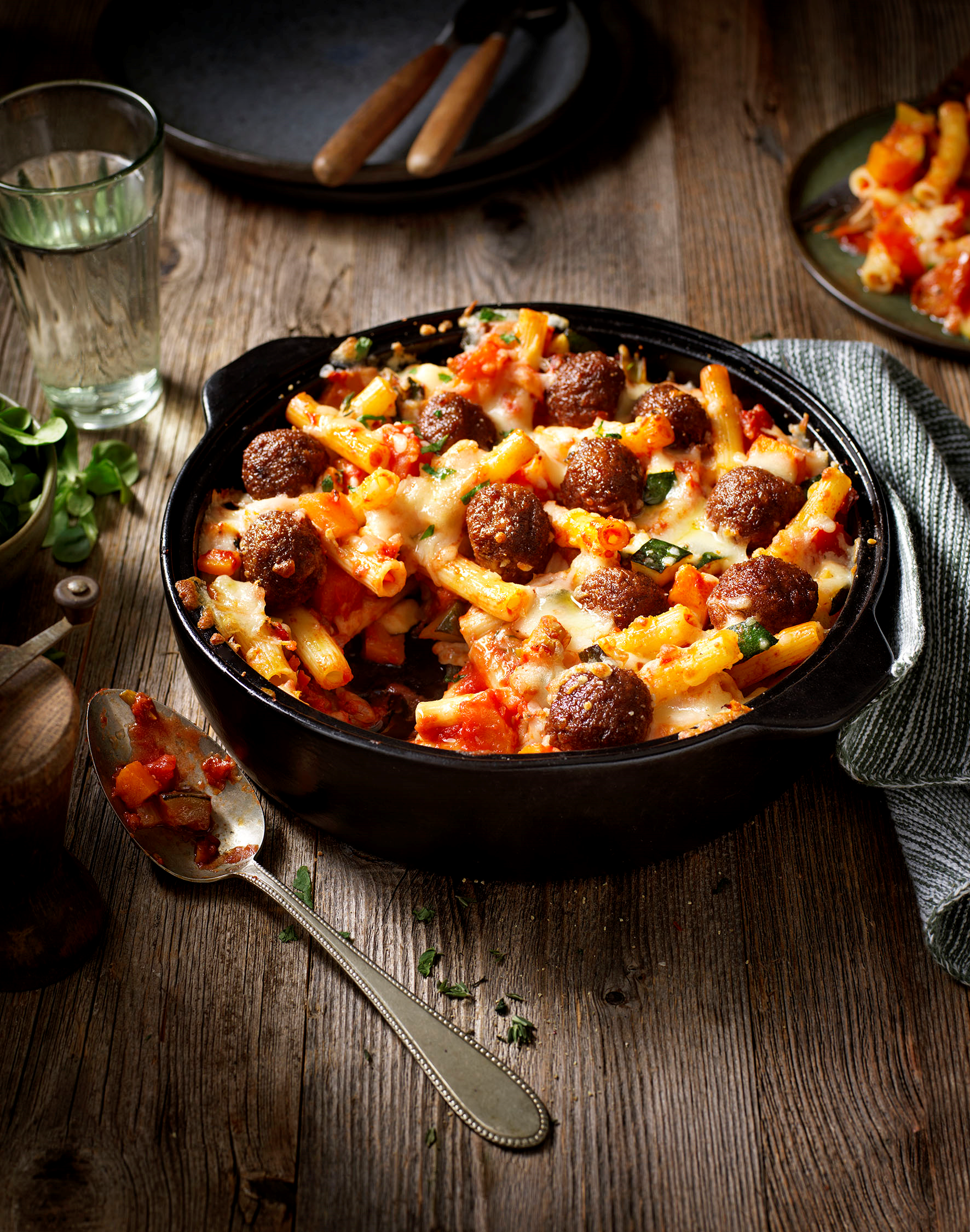 Gratinované těstoviny s dýňovými a vegetariánskými kuličkami